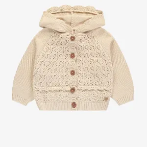 Veste de maille à manches longues crème à capuchon, bébé || Cream long sleeves knit vest with hood, baby