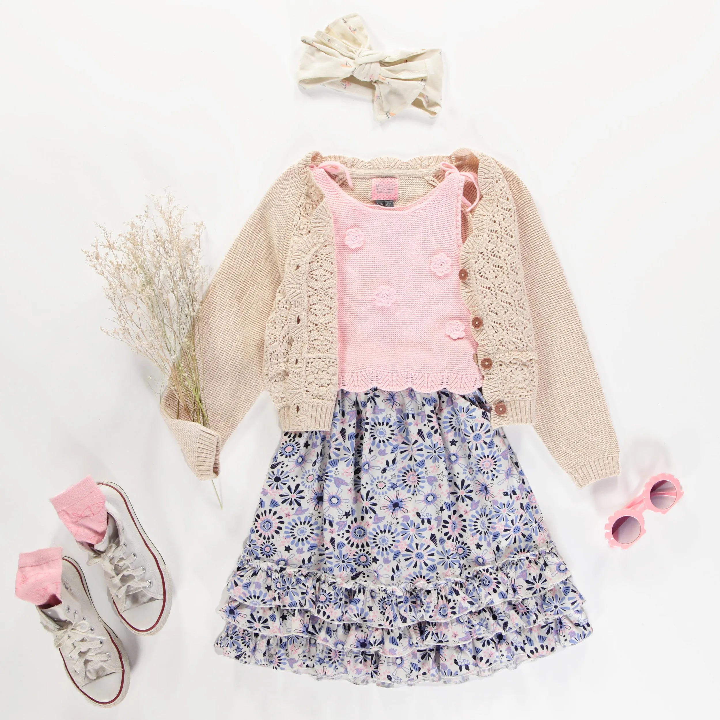 Veste de maille à manches longues crème en crochet, enfant || Cream long sleeves knit vest in crochet, child