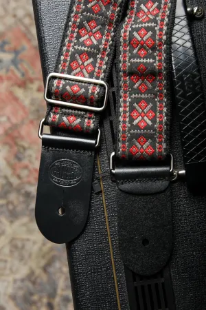 Vintage Jacquard Weave Premium Guitar Strap Cotton/Leather - Red & Grey