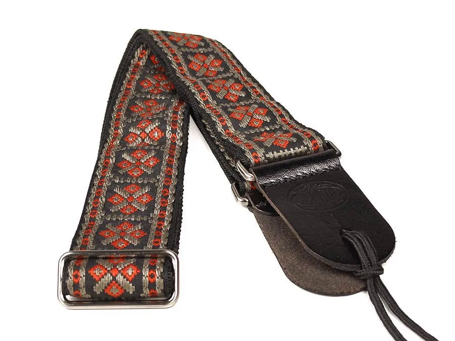 Vintage Jacquard Weave Premium Guitar Strap Cotton/Leather - Red & Grey
