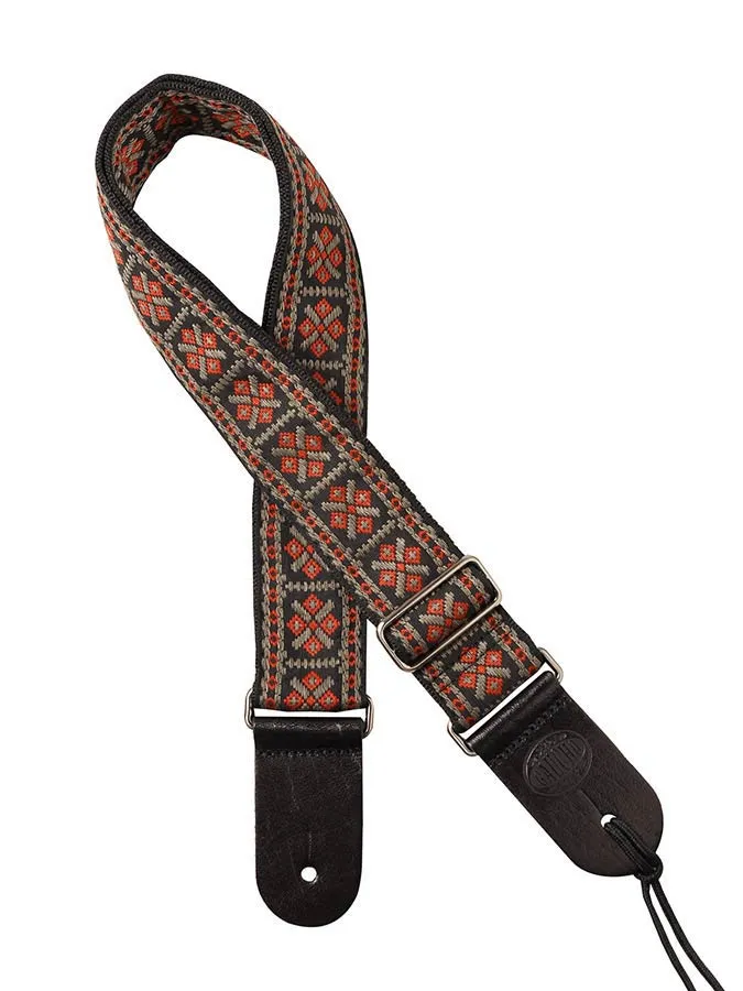 Vintage Jacquard Weave Premium Guitar Strap Cotton/Leather - Red & Grey