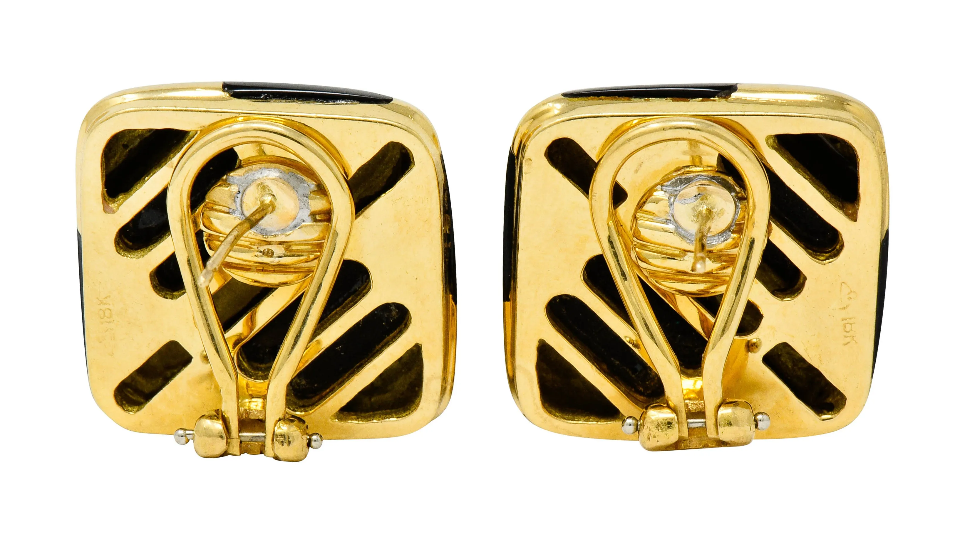 Vintage Onyx 18 Karat Gold Striped Cushion Earrings Contemporary