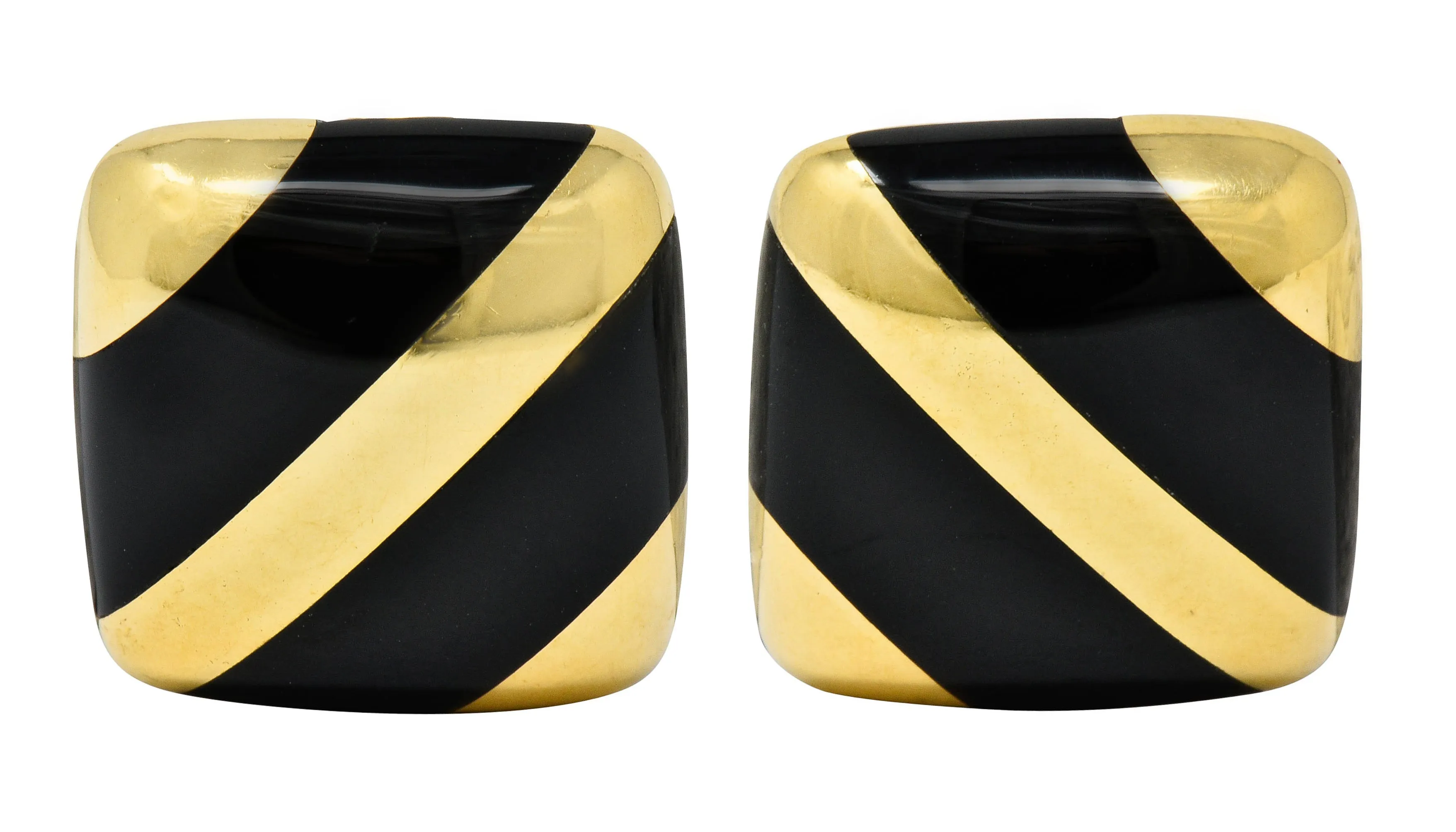 Vintage Onyx 18 Karat Gold Striped Cushion Earrings Contemporary