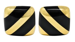 Vintage Onyx 18 Karat Gold Striped Cushion Earrings Contemporary