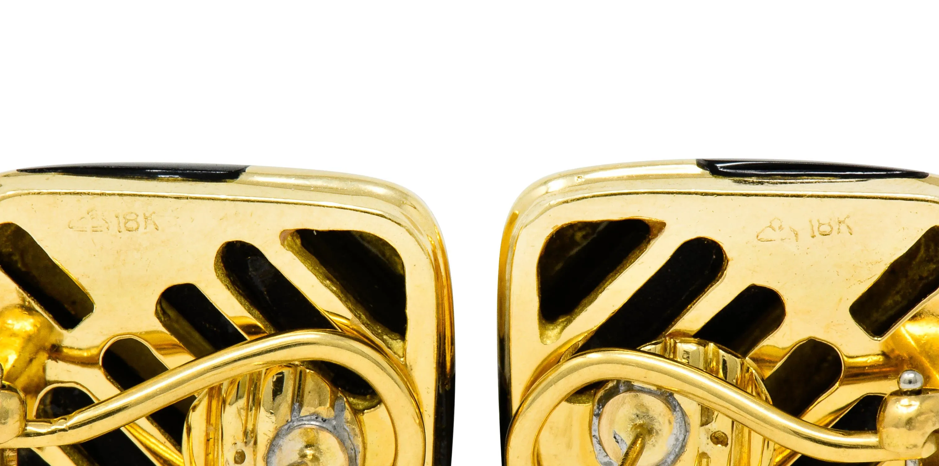 Vintage Onyx 18 Karat Gold Striped Cushion Earrings Contemporary