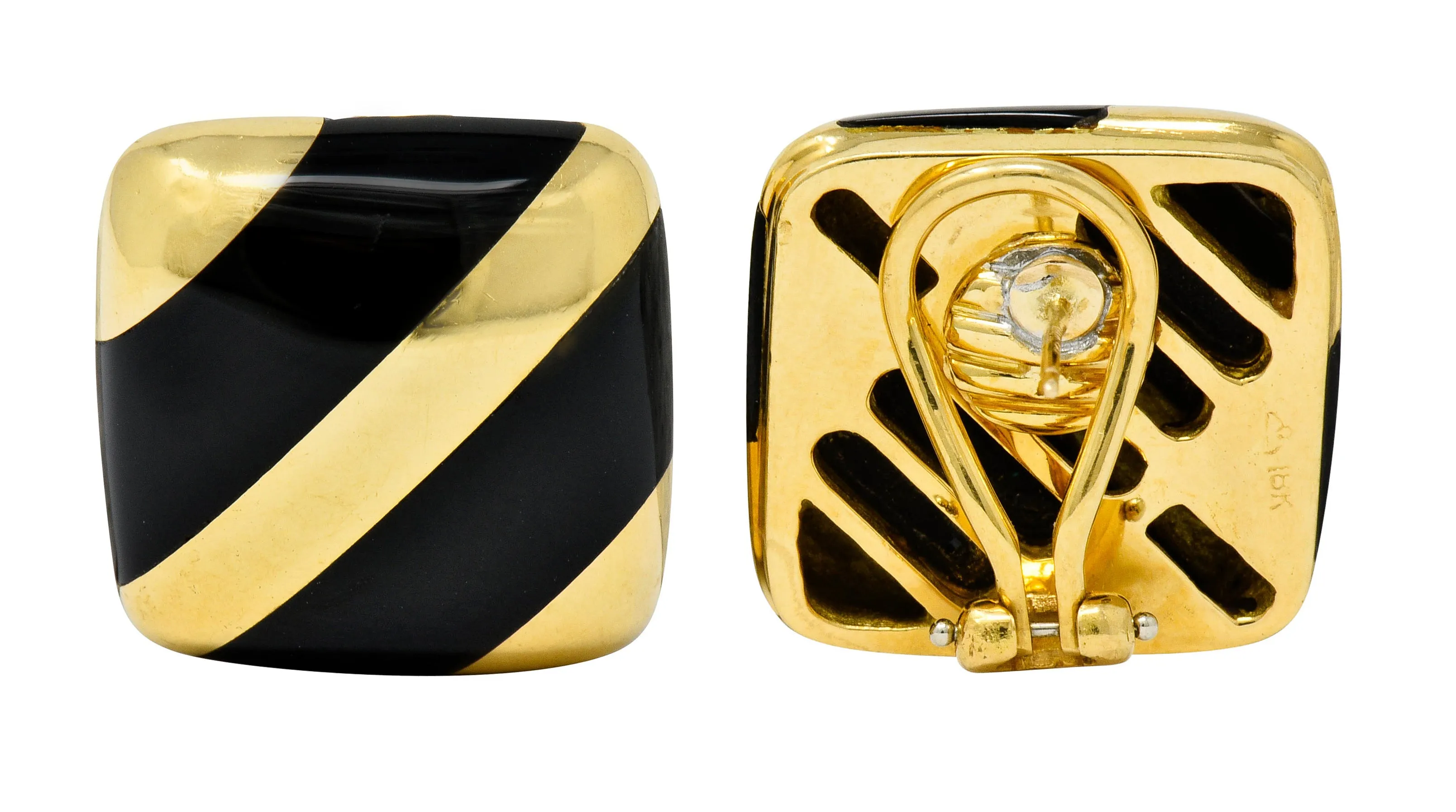 Vintage Onyx 18 Karat Gold Striped Cushion Earrings Contemporary