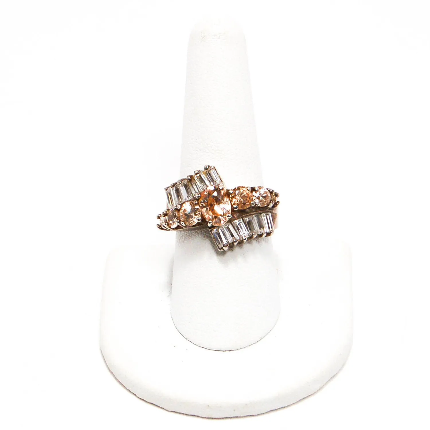 Vintage Peach Morganite and Diamonite Cubic Zirconia Statement Ring Bypass Style Set in Sterling Silver
