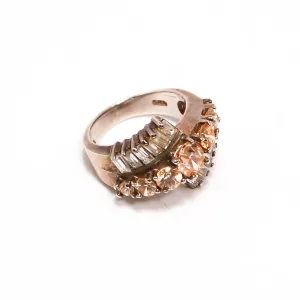 Vintage Peach Morganite and Diamonite Cubic Zirconia Statement Ring Bypass Style Set in Sterling Silver