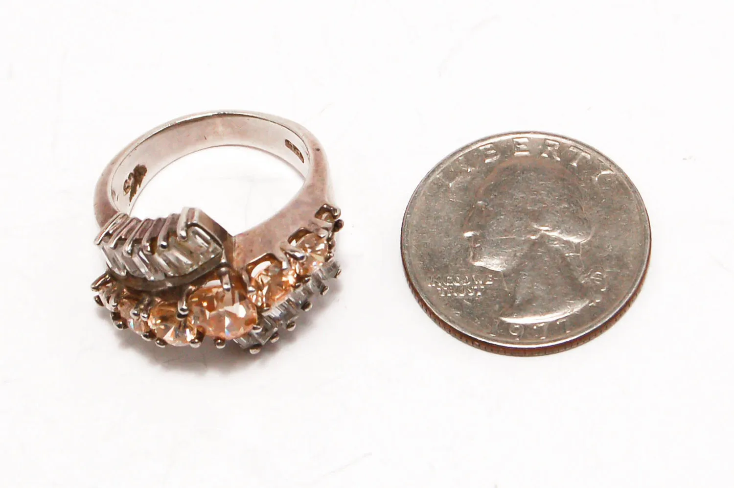 Vintage Peach Morganite and Diamonite Cubic Zirconia Statement Ring Bypass Style Set in Sterling Silver