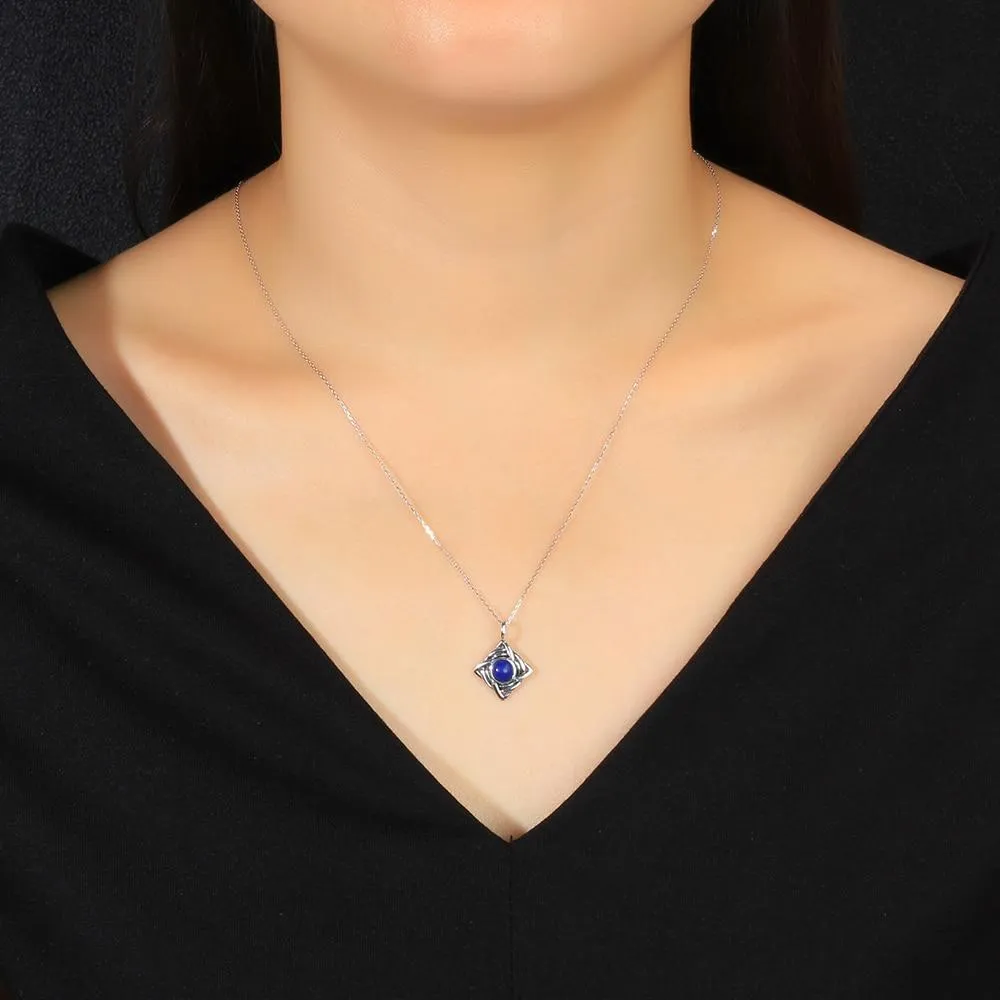 Vintage Rhombus Shape Blue Cubic Zirconia 925 Sterling Silver Necklace & Pendant For Women Fashion Jewelry