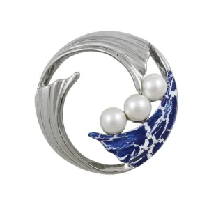 Waves with Blue Crackled Enamel and Pearls Brooch Pin - PP700