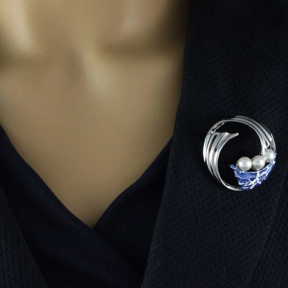 Waves with Blue Crackled Enamel and Pearls Brooch Pin - PP700