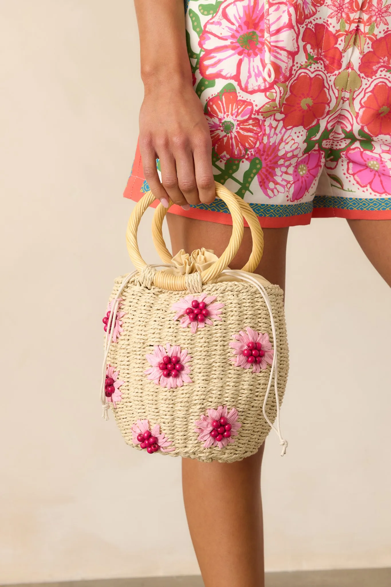 Weekend Picnic Natural Straw Bucket Floral Handbag