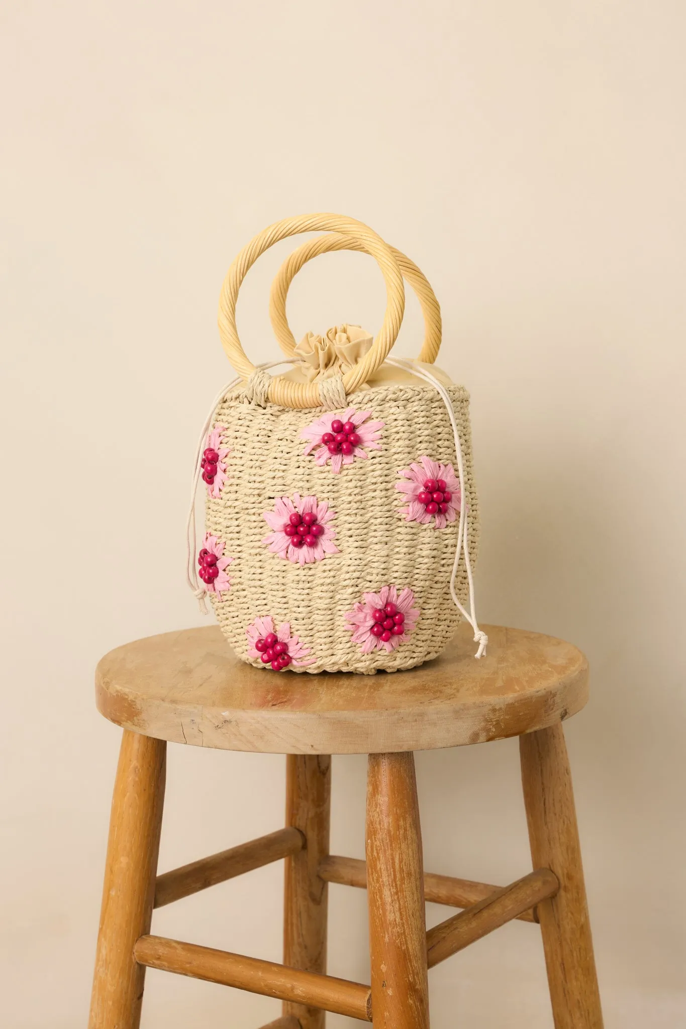 Weekend Picnic Natural Straw Bucket Floral Handbag