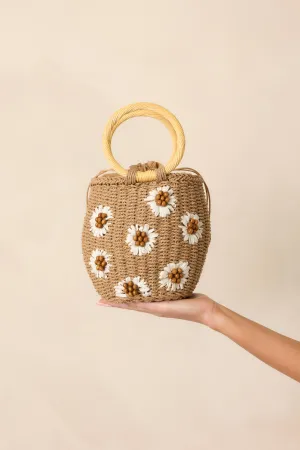 Weekend Picnic Tan Straw Bucket Floral Handbag