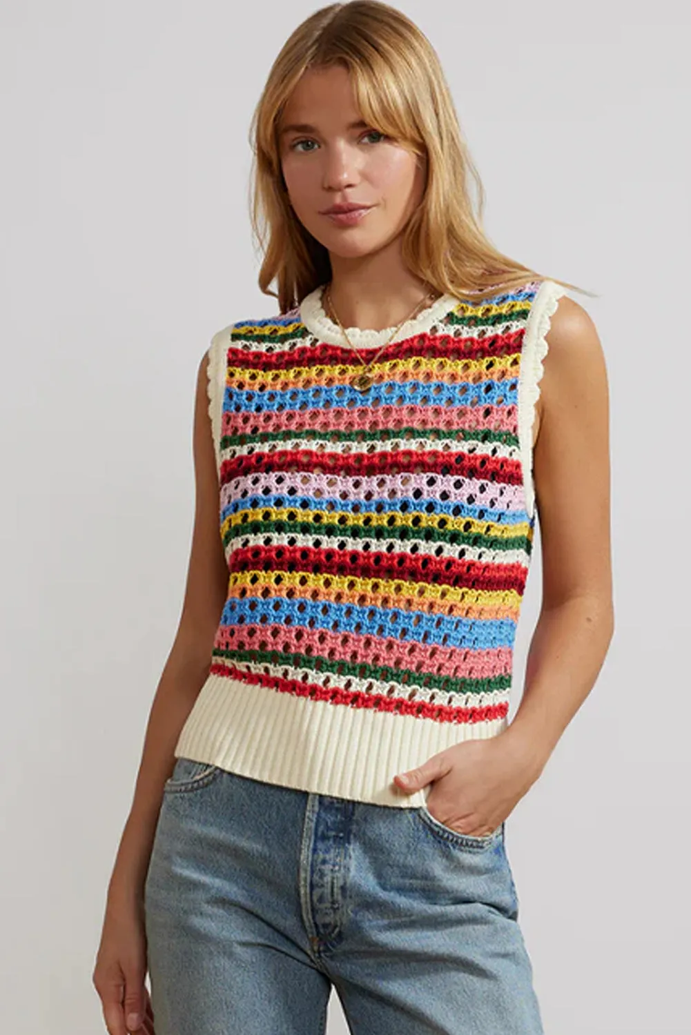 White Colorful Blanket Stripe Knit Sweater Vest