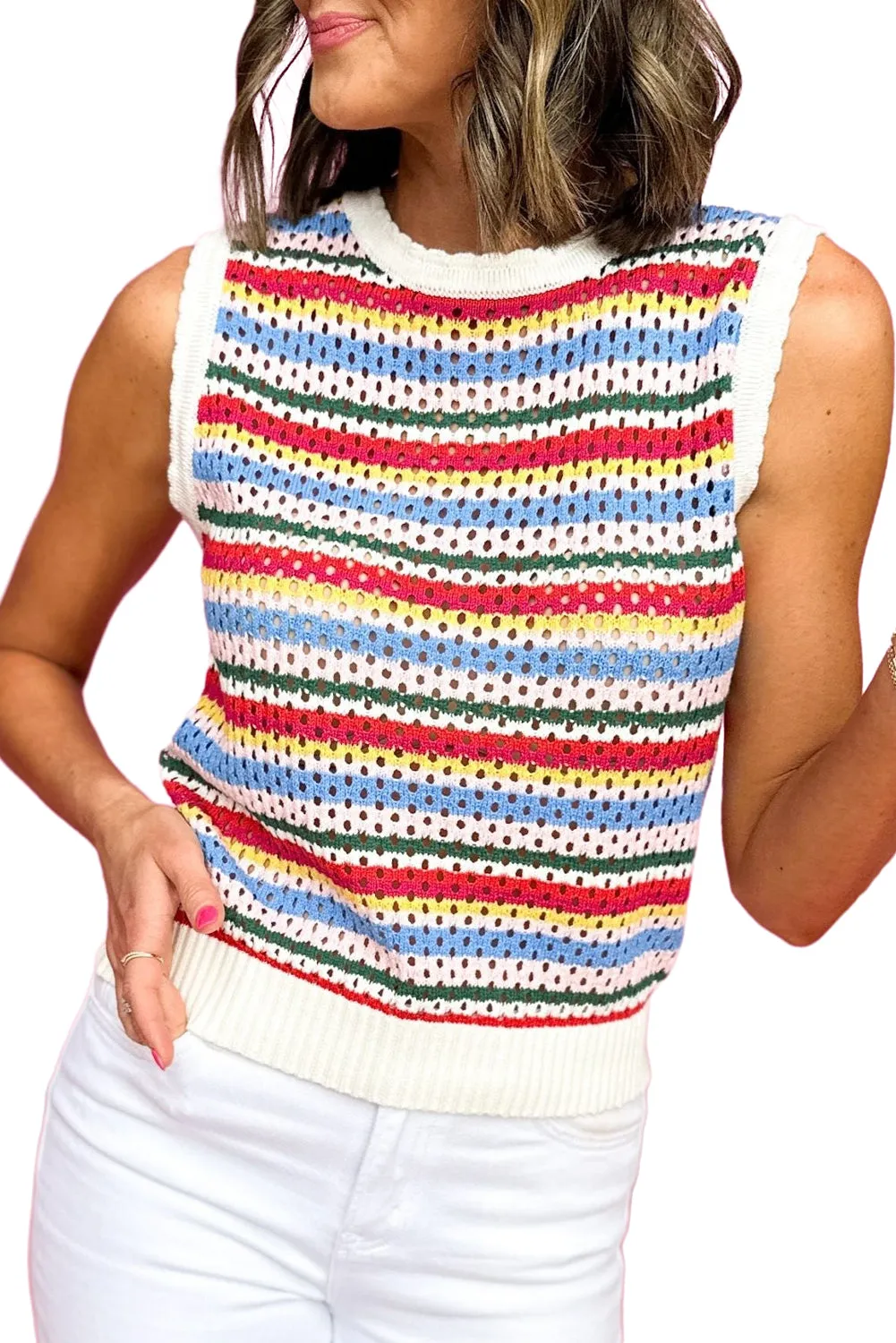 White Colorful Blanket Stripe Knit Sweater Vest