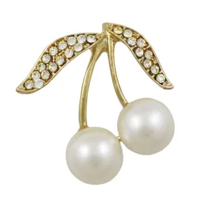 White Pearl Cherries with Crystal Leaves Brooch Pin - PRP021