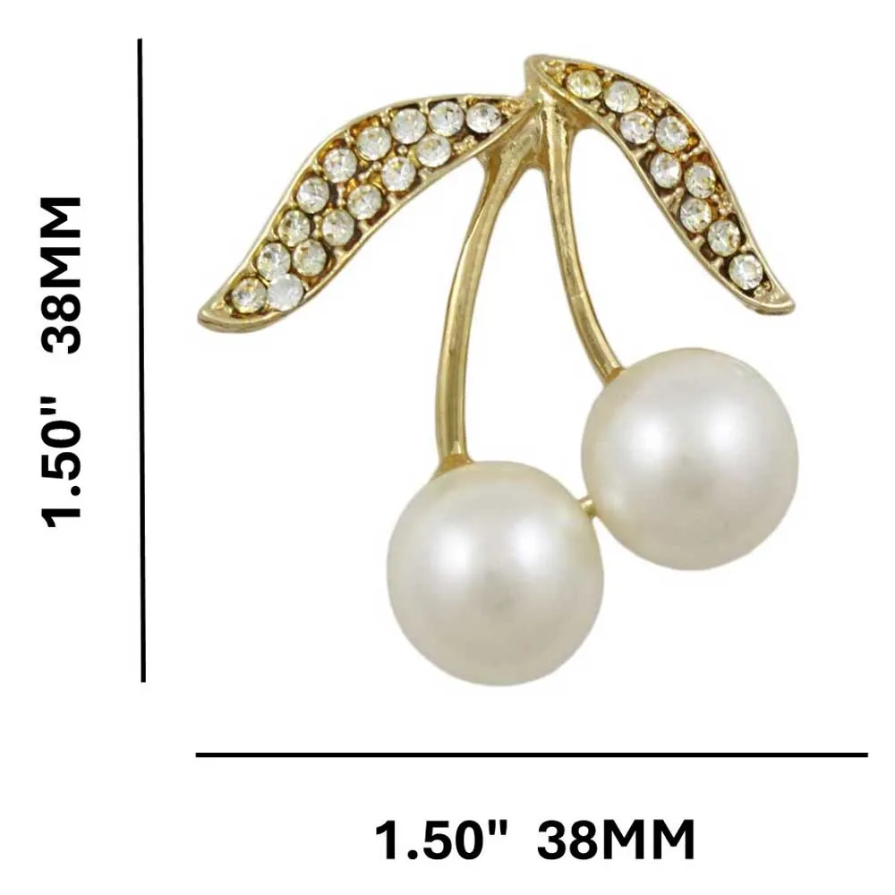 White Pearl Cherries with Crystal Leaves Brooch Pin - PRP021