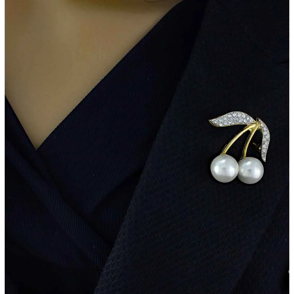 White Pearl Cherries with Crystal Leaves Brooch Pin - PRP021