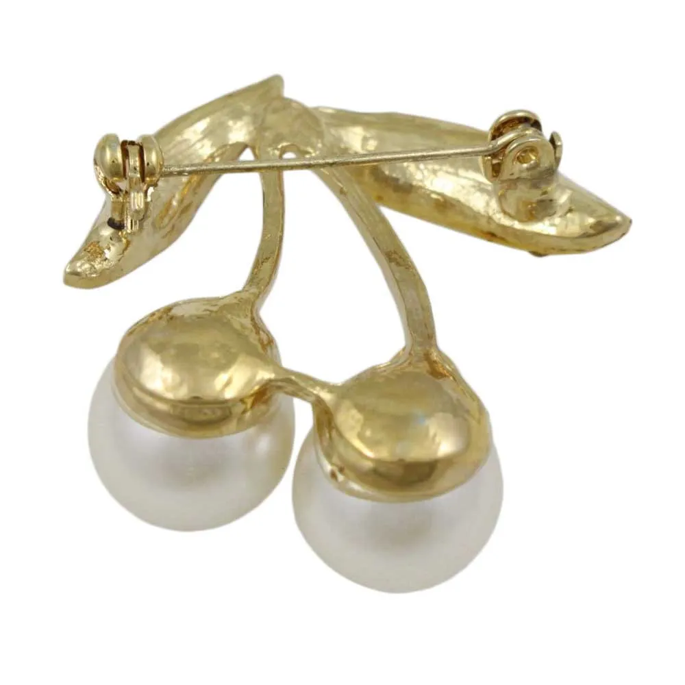 White Pearl Cherries with Crystal Leaves Brooch Pin - PRP021