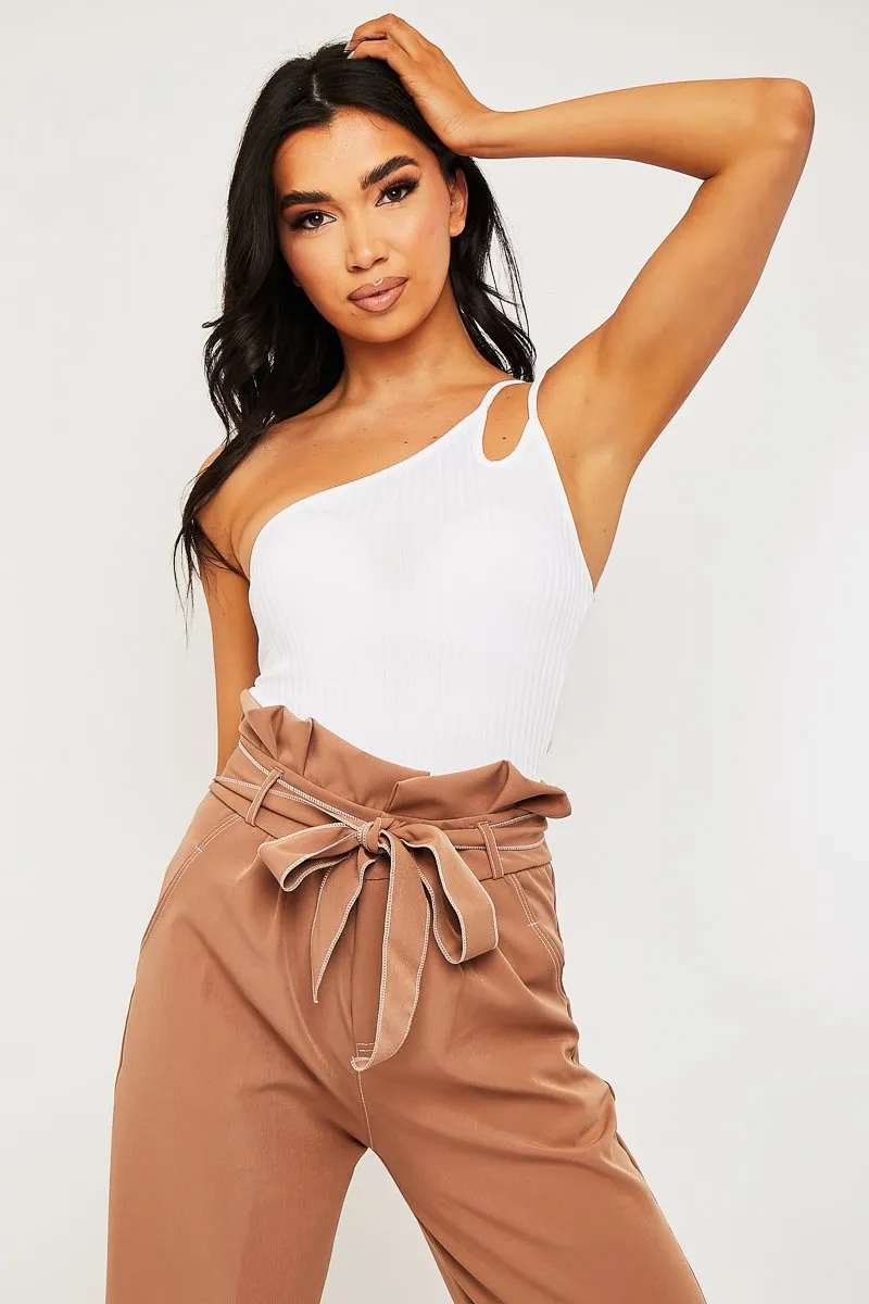 White Ribbed Double Strap One Shoulder Bodysuit - Lavia