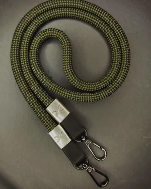 X Checkered Olive/Black Rope -Black Leather Camera Strap - Silver X