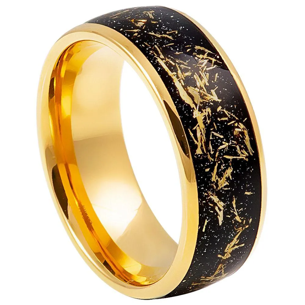 Yellow Gold IP Plated with Imitation Meteorite Inlay - 8mm