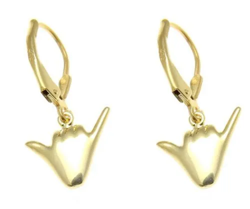 YELLOW GOLD PLATED SILVER 925 HAWAIIAN "SHAKA" HANG LOOSE HOOK LEVERBACK EARRING