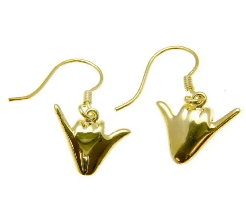 YELLOW GOLD PLATED SILVER 925 HAWAIIAN "SHAKA" HANG LOOSE HOOK LEVERBACK EARRING